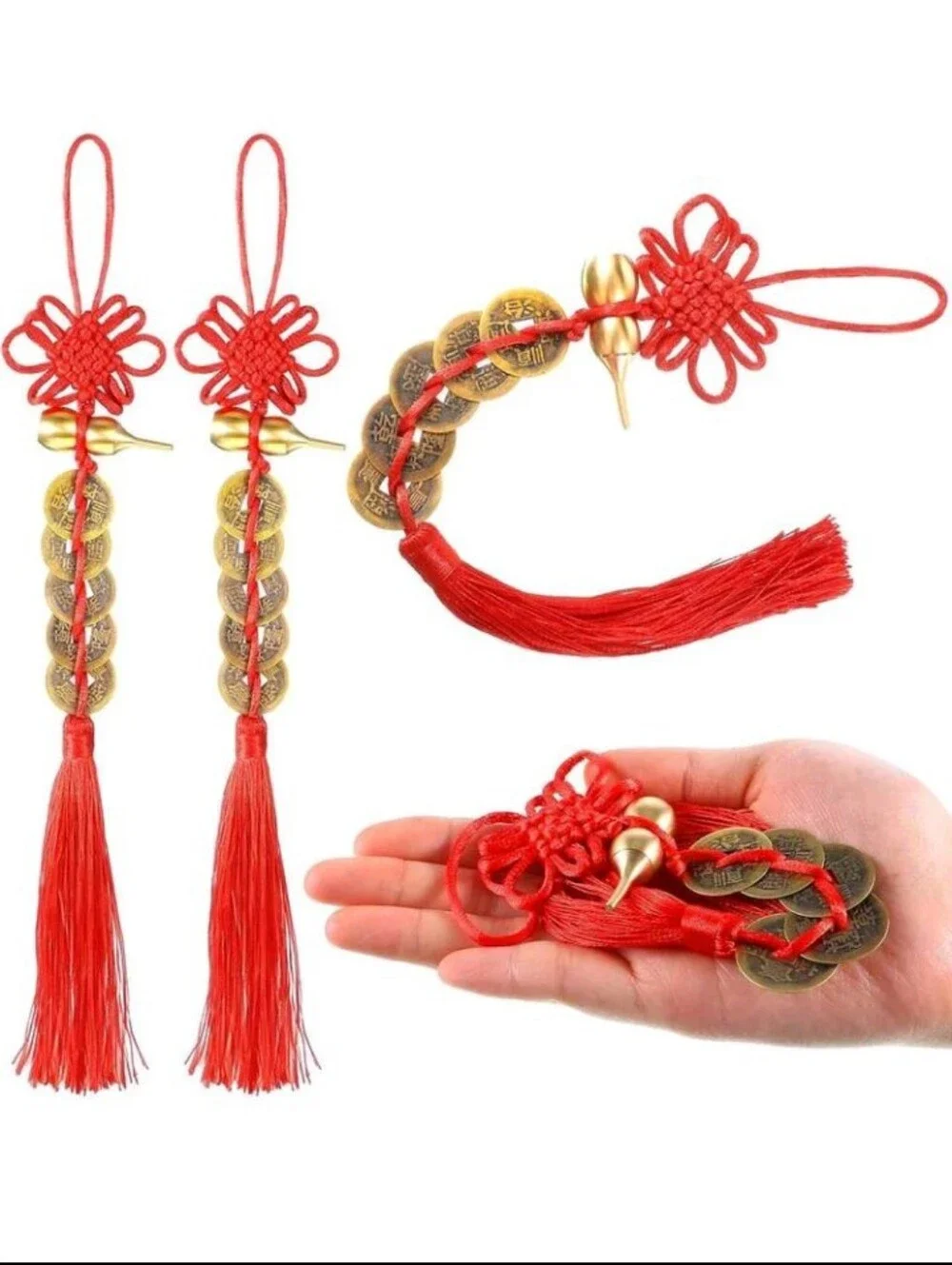 4 Chinese Feng Shui 5 Coin Hanging Charm Pendant w/Gourd & Red Tassel